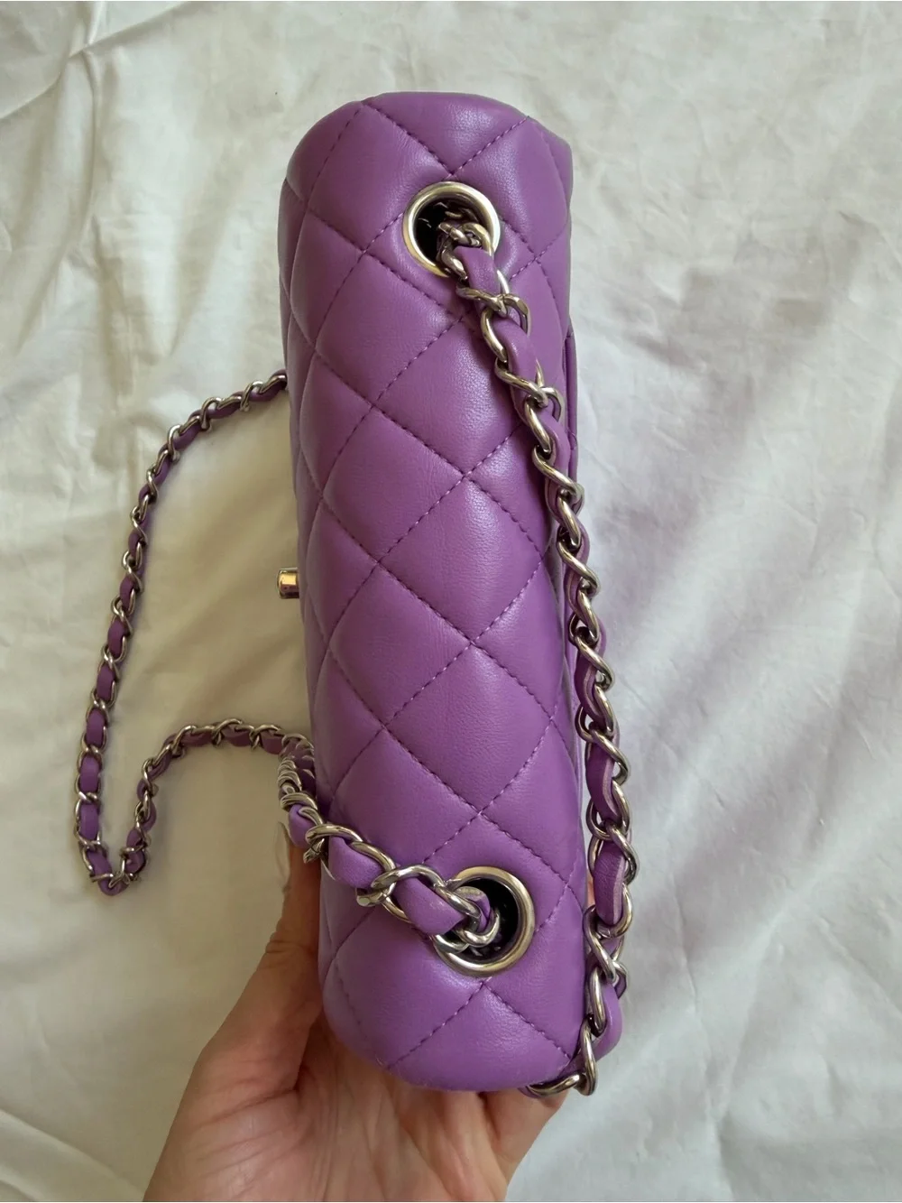 CHANEL Mini Quilted Lambskin Shoulder Bag in Lilac Purple with Silver Hardware
